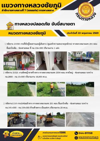 ทางหลวงปลอดภัยขับขี่สบายตา ประจำวันที่ 22 พฤษภาคม 2569