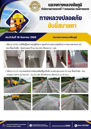 ทางหลวงปลอดภัยขับขี่สบายตา ประจำวันที่ 18 สิงหาคม 2569